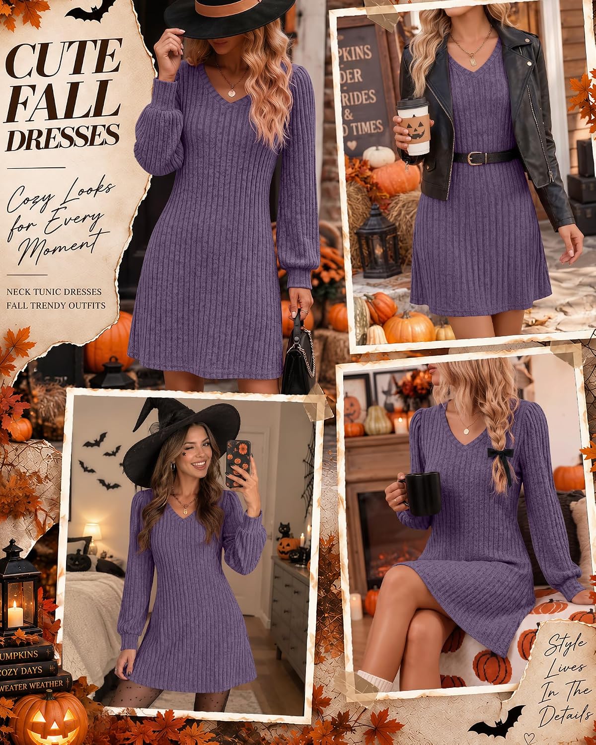Ficerd Women's Knit Long Sleeve Sweater Dress Casual V Neck Tunic Dresses Fall Trendy Outfits