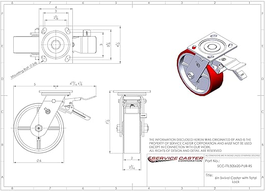 Polyurethane on Cast Iron Swivel Top Plate Heavy Duty Caster with 6 Inch Red Wheel and Total Lock Brake  1,200 lbs. CapacityCaster - Service Caster Brand