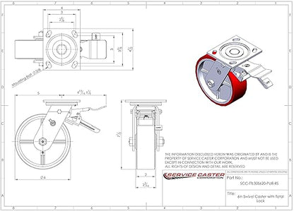 Polyurethane on Cast Iron Swivel Top Plate Heavy Duty Caster with 6 Inch Red Wheel and Total Lock Brake  1,200 lbs. CapacityCaster - Service Caster Brand