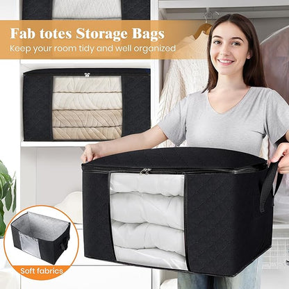 Fab totes 3-Pack Clothes Storage, Foldable Blanket Storage Bags, Storage Containers for Organizing Bedroom, Closet, Clothing, Comforter, Organization and Storage with Lids and Handle, Black