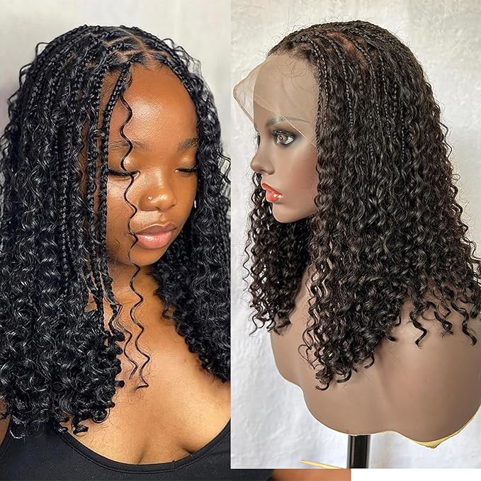 Braided Wig Human Hair Full Lace Boho Box Braids Wig Knotless 300Density Pre Plucked With Curly Ends Goddess Glueless Transparen Lace Wigs For Women Natural Color 12 Inch
