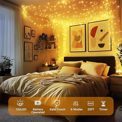 WdtPro Fairy Lights Battery Operated with Remote, 33Ft 100 LED Battery Powered String Lights with Timer, Outdoor Waterproof 8 Modes Twinkle Lights for Bedroom Indoor Christmas Decor Warm White, 4 Pack