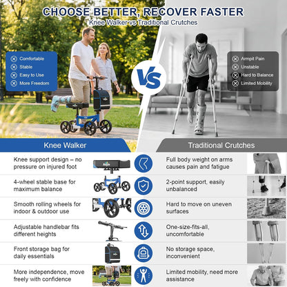 Knee Scooter for Adults for FootInjuries, 300lbs Capacity, All Terrain Foldable Knee Scooter Walker with Bag, 13" Wide Pu Seat, Compact Crutches Alternative (Blue)