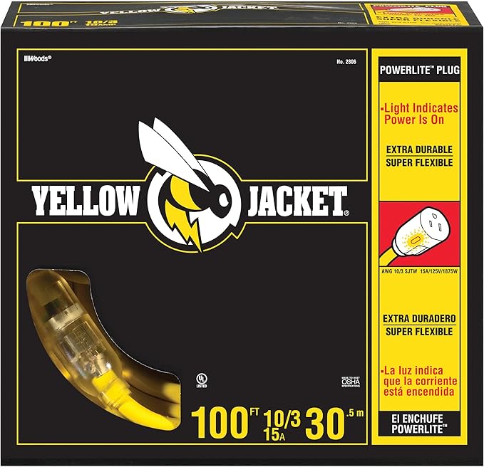 Yellow Jacket Extra Heavy Duty Extension Cord, 100Ft, 10 Gauge, 3 Conductor, Lighted End, Weather Resistant, SJTW, Yellow, 2806