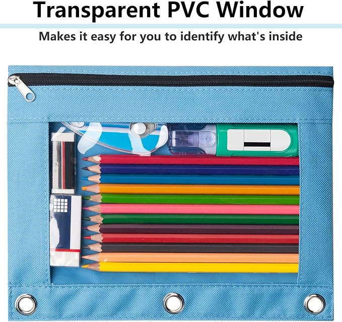 Forvencer 3 Ring Binder Pencil Pouch with Smooth Zipper, Clear Window Pencil Case, Big Capacity Pencil Bag with 3 Reinforced Grommets, Gree