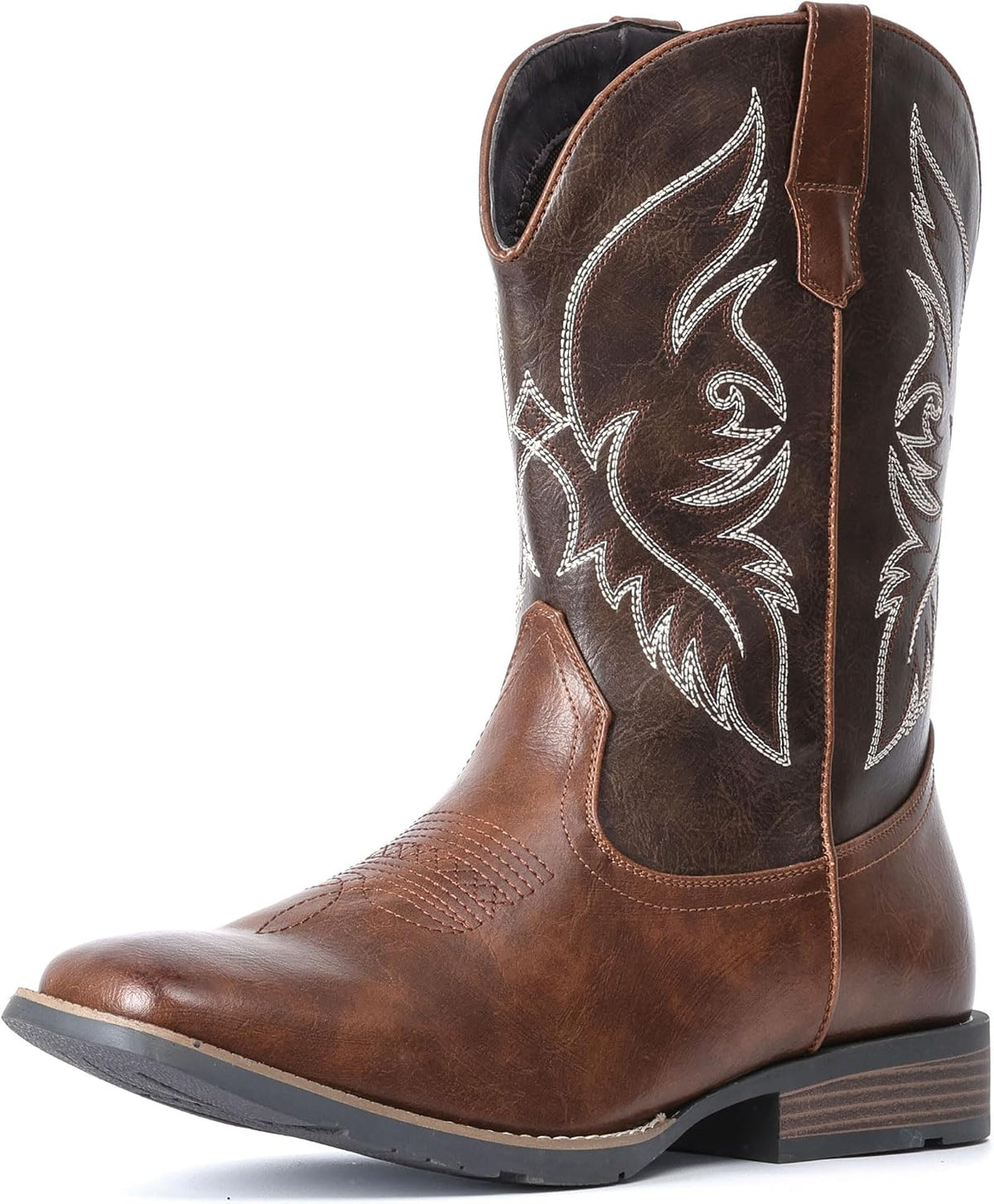 These durable, slip-resistant cowboy boots feature a square toe, classic embroidered design, and breathable cushioning for all-day wear.