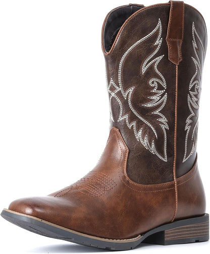 These durable, slip-resistant cowboy boots feature a square toe, classic embroidered design, and breathable cushioning for all-day wear.