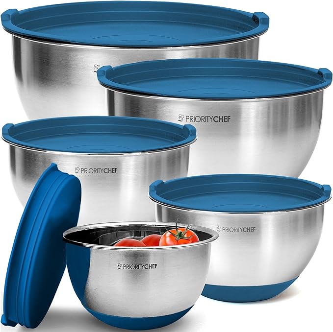Priority Chef Premium Mixing Bowls With Airtight Lids Set, Thicker Stainless Steel Mixing Bowl Set, Large Prep Metal Bowls with Lids, Nesting Bowls for Kitchen, 1.52345 Qrt, Blue