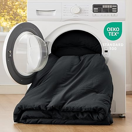 Bedsure Queen Size Comforter Set, Black Soft Prewashed Bedding for All Seasons, 3 Pieces GentleSoftTM Warm Down Alternative Bed Set, 1 Lightweight Comforter (90"x90") and 2 Pillowcases (20"x26")