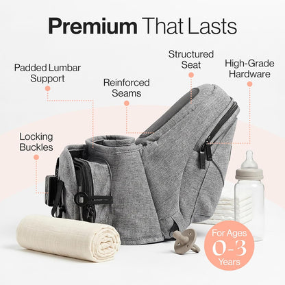 Tushbaby Original Hip Seat Baby Carrier for Babies & Toddlers up to 45 lbs, Safety Certified, Lightweight No-Foam Design with Storage, Grey