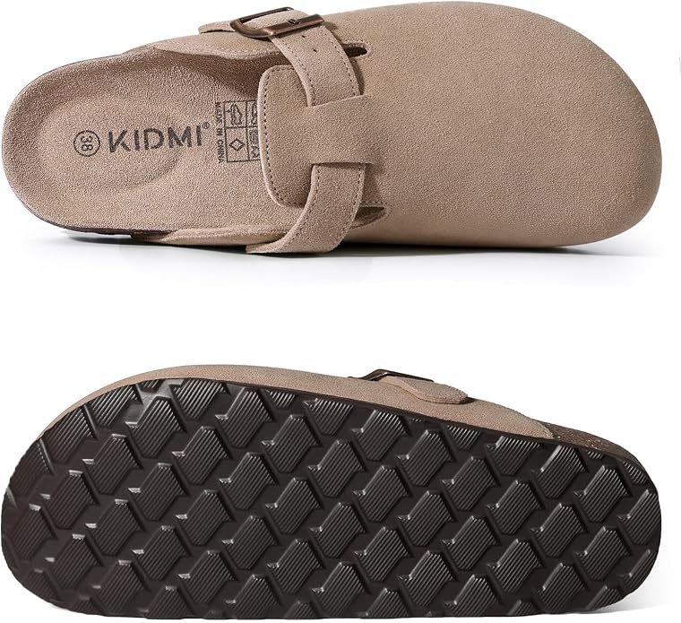 KIDMI suede clogs with cork footbed, arch support, adjustable straps, and non-slip sole for comfortable all-day wear.