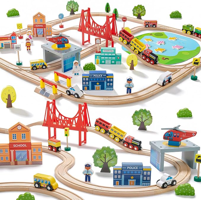 110-piece wooden train set sparks creativity and imagination in young kids, entertaining them for hours.