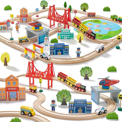 110-piece wooden train set sparks creativity and imagination in young kids, entertaining them for hours.