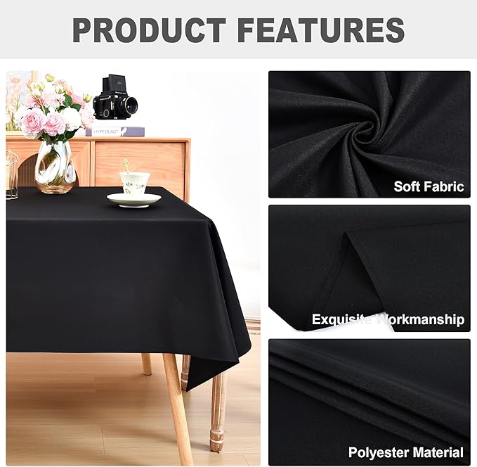 eeivs Square Tablecloth 52 x 52 Inch Washable Polyester Table Cloth Solid Black Heavy Duty Fabric Table Cover Daily Use for Dining Home Kitchen Party Wedding