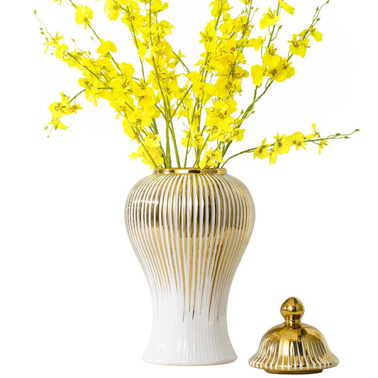 Ginger Jar, White Gold Ceramic Large Vase for Decor Decor, Modern Handmade Decorative Flower Vase, Porcelain Ginger jar with lid for Kitchen, Bookshelf-decors(18in)