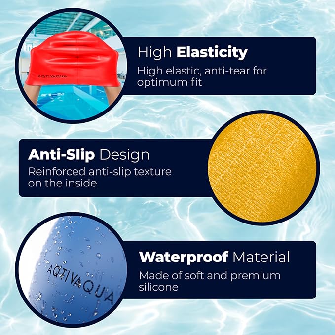 AqtivAqua Silicone Swim Cap Waterproof // Comfortable Swimming Cap for Women Men Adult and Kids
