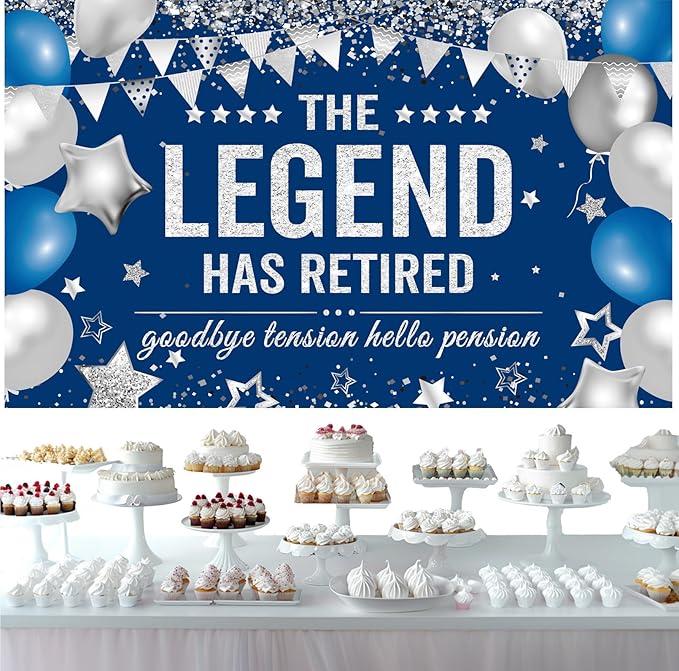 Retirement Banner Party Decortions The Legend Has Retired Banner Decor for Men Woman Coworker, Blue Silver Farewell Send-Off Backdrop Retirement Party Supplies