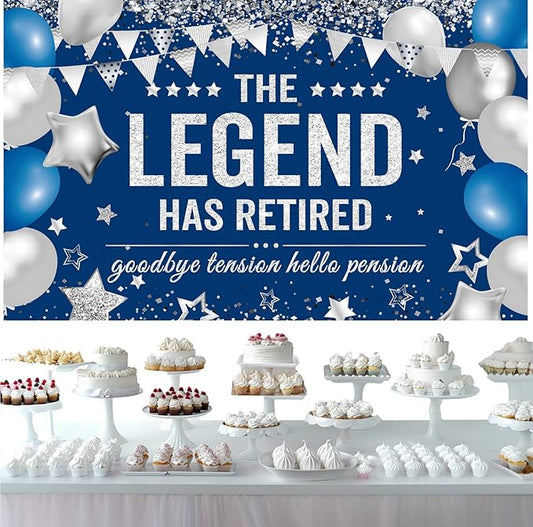 Retirement Banner Party Decortions The Legend Has Retired Banner Decor for Men Woman Coworker, Blue Silver Farewell Send-Off Backdrop Retirement Party Supplies