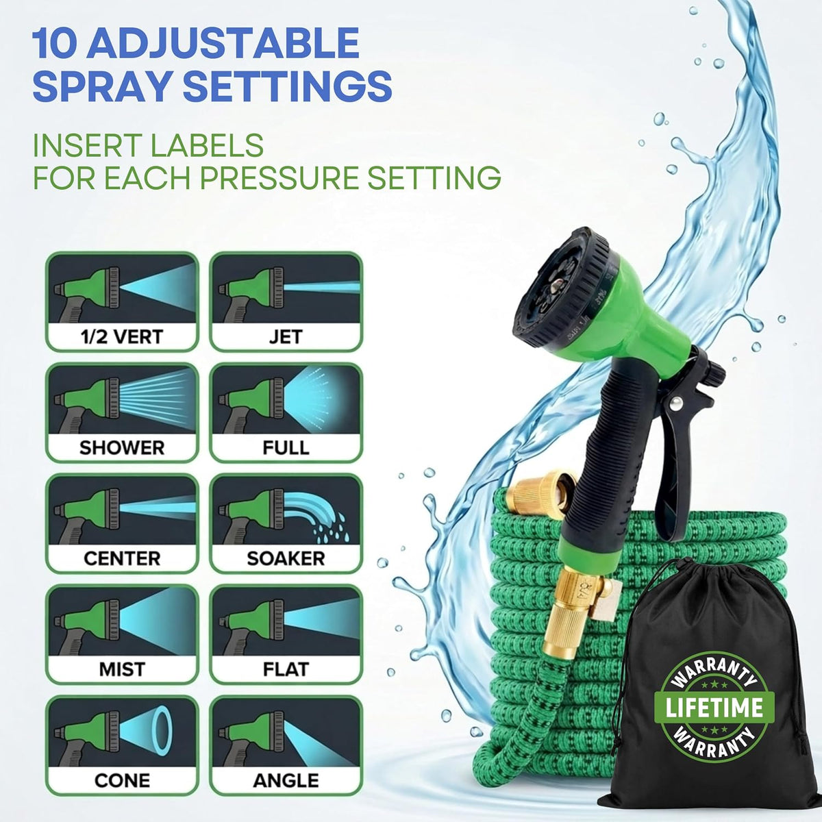 J&B XpandaHose 50ft Expandable Garden Hose with Holder - Heavy Duty Superior Strength 3750D - 4 -Layer Latex Core - Extra Strong Brass Connectors and 10 Spray Nozzle w/Storage Bag (Green 50)