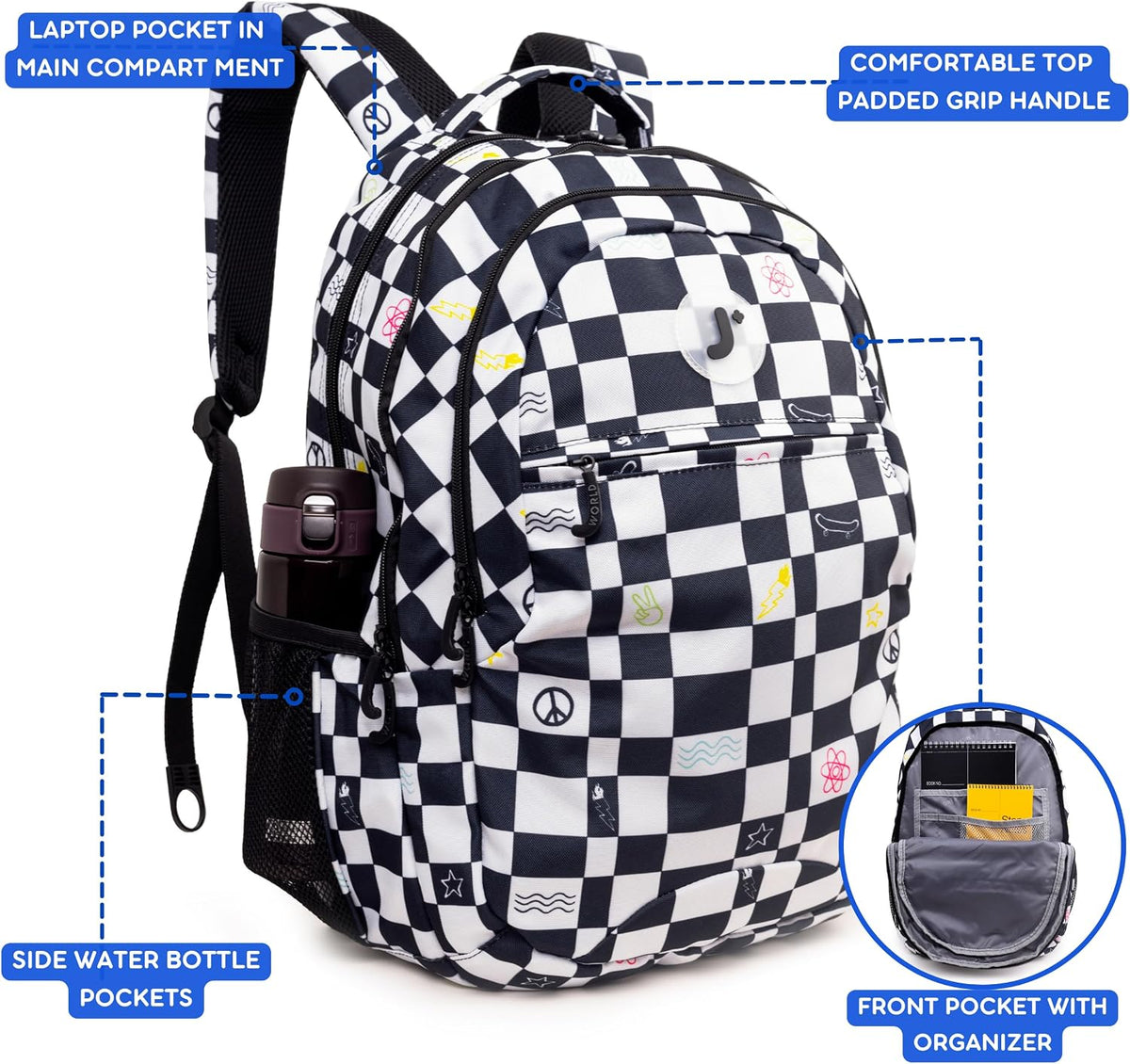 J World Cornelia Middle School Backpack for Kids. Student Laptop Bookbag, Icon Checkers