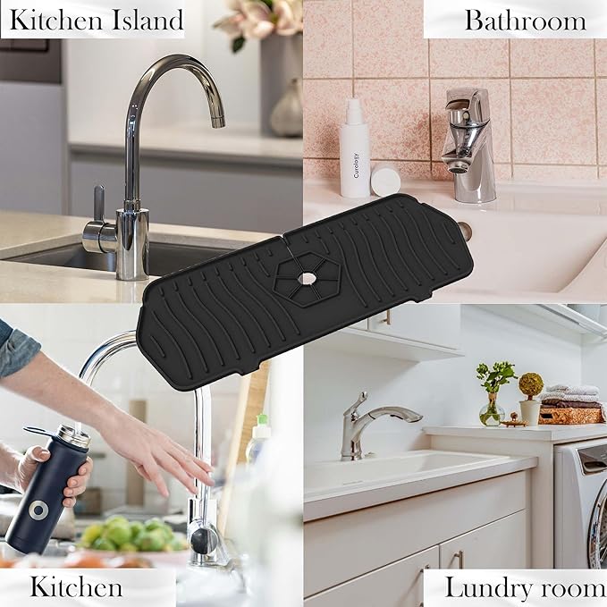 Kitchen Sink Splash Guard,Sink Protectors for Kitchen Sink,Sink Mat,Sponge Holder,Silicone Faucet Handle Drip Catcher Tray for Kitchen Bathroom Sink Accessories(Black,13.7Aux 5.8Au)