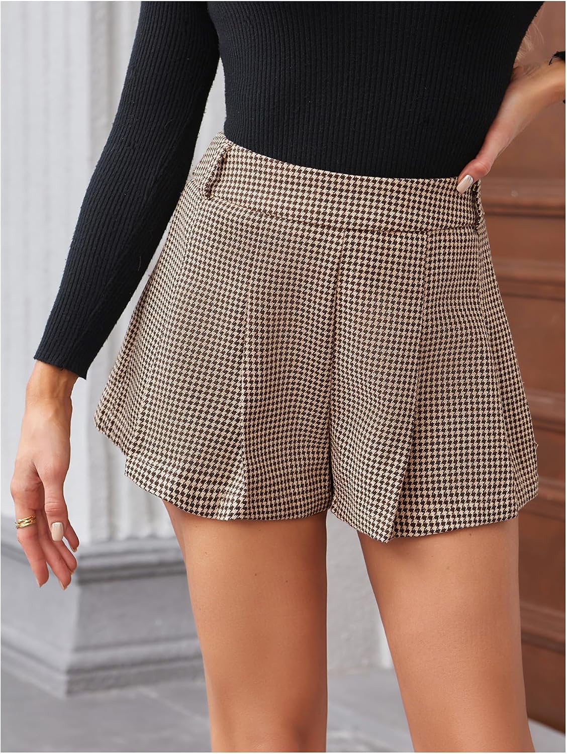 MakeMeChic Women's Houndstooth Plaid Shorts Pleated High Waisted Business Casual Skorts