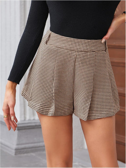 MakeMeChic Women's Houndstooth Plaid Shorts Pleated High Waisted Business Casual Skorts