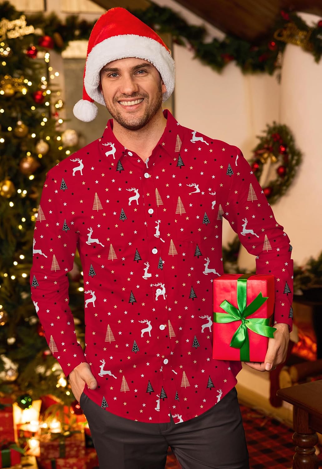 Arvilhill Mens Christmas Button Shirts Cotton Soft Charm Holiday Print Shirt (S-3XL).