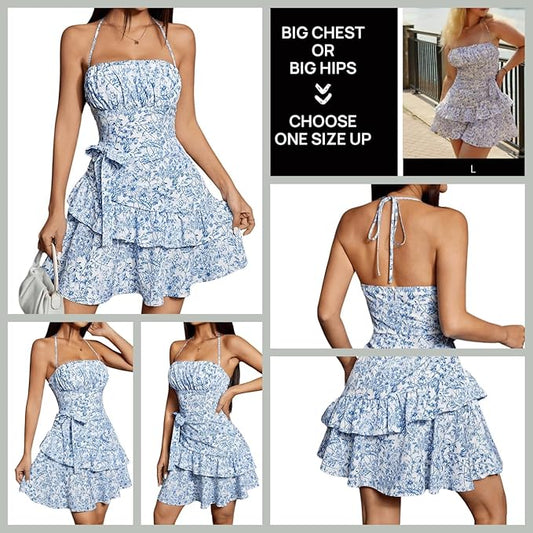 SOLY HUX Women's Summer Halter Dresses Boho Floral Sundress Ruffle Flowy Mini Dress Coquette Birthday Dresses