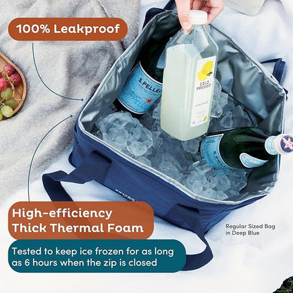 Reusable Insulated Grocery Bag - Leak Proof, Regular Insulated Cooler Bag - Insulated Shopping Bags for Groceries - Travel Cooler Bag for Frozen Hot Food with Zippered Top - for Beach, Picnic (Blue)