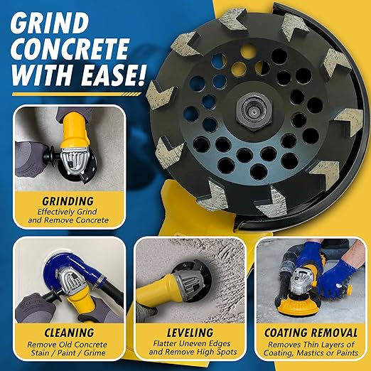 7" High Performance Diamond Grinding Wheels for Concrete, Paint, Epoxy, Mastic, Coating Removal, 3040 Grit, 10 Arrow Segments, 78"-58" Arbor