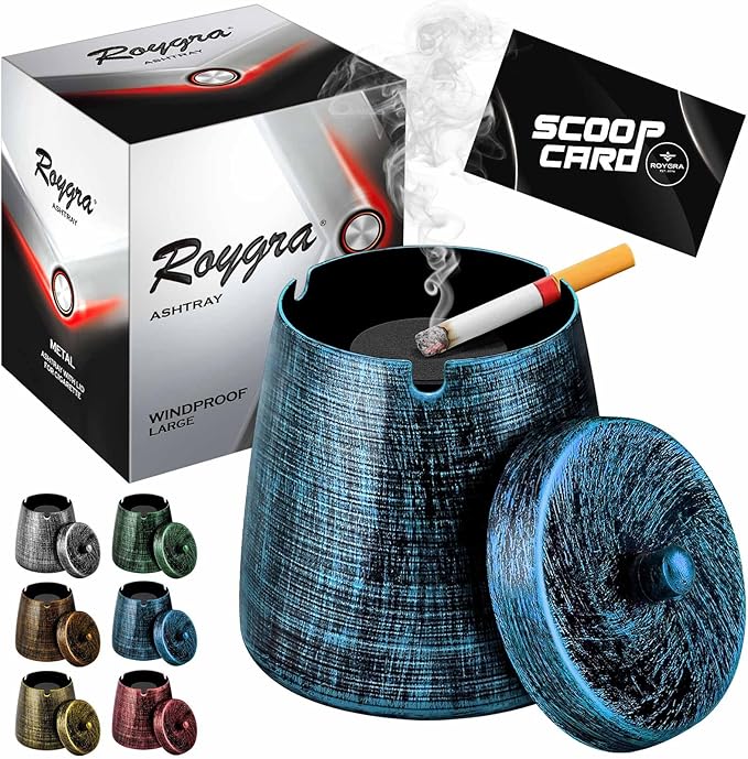 roygra Ashtray with Lid, Windproof Smokeless Odorless Metal Tabletop Ash Tray for Outdoor Indoor Home Office Patio Balcony Decoration  Blue, Large (4.63 x 3.93 x 3.93)