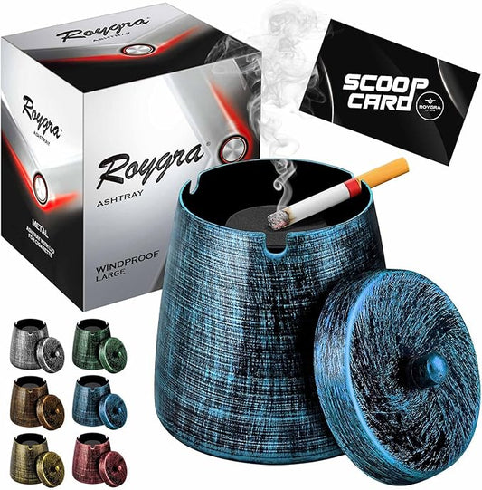 roygra Ashtray with Lid, Windproof Smokeless Odorless Metal Tabletop Ash Tray for Outdoor Indoor Home Office Patio Balcony Decoration  Blue, Large (4.63 x 3.93 x 3.93)