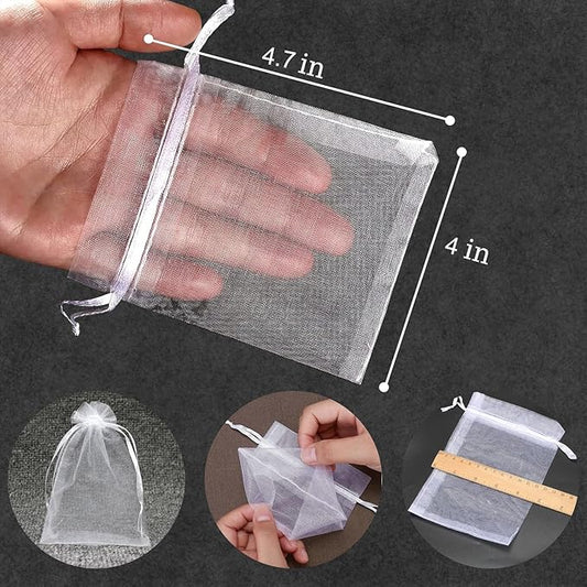 100PCS Sheer Organza Bags With Drawstring for Wedding Favor, Party, Favor Jewelry, Candy, Birthday, Christmas, Festival, Soaps, Makeup,Wrapping Supplies, 4.72 x 4 Inch Small Mesh White Gift Bags.