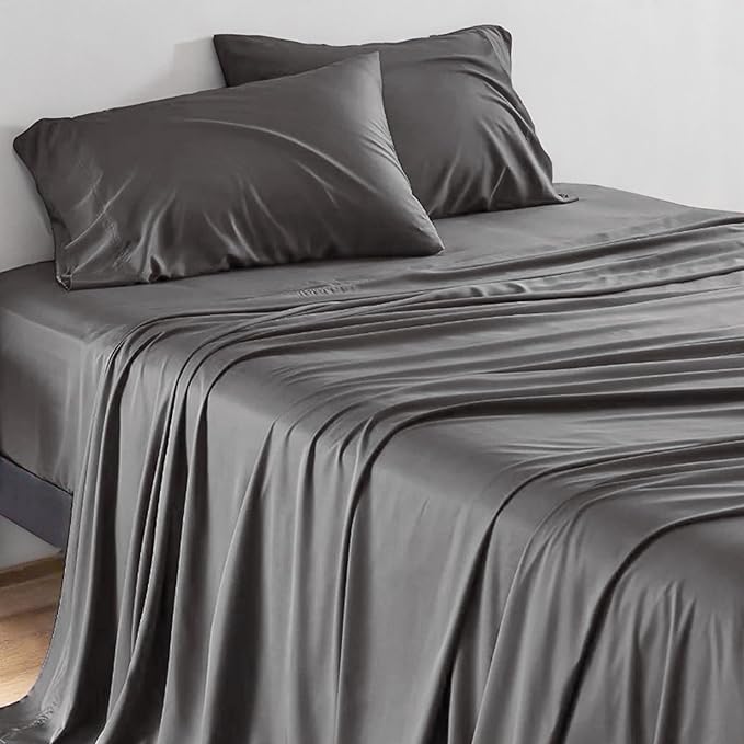 Sleepgram Viscose Fiber Cal King Size Bed Sheet Set with Flat Sheet, Fitted Sheet, and 2 Pillowcases for Comfortable Night's Sleep, Grey Stone