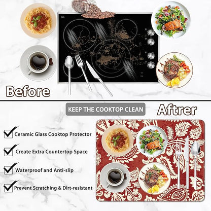 Decorative Electric Stove Cover - Red Indian Floral Design, Non-Slip Heat Resistant Protector for Smooth/Glass Top Stoves, Fits 28.5'' x 20.5'' (Not for Gas or Coil)