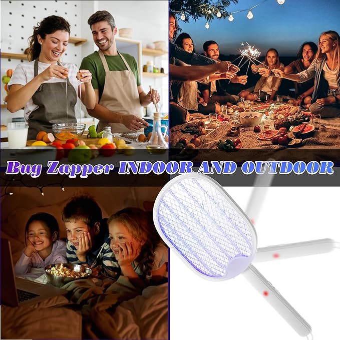 Qualirey Pack of 2 3 in 1 electric fly swatters, foldable, 3000 V, hand mosquito killer with USB rechargeable base, fly swatter and mosquito trap, indoor pendant lamp and