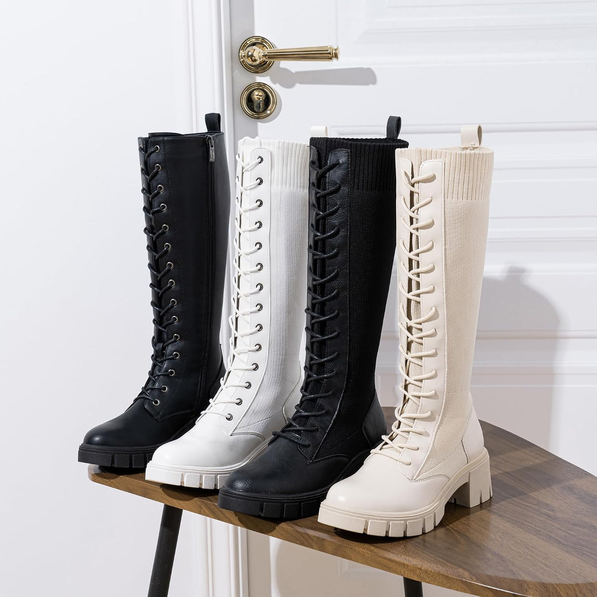 Vepose Women's 953 Knee High Combat Boots Chunky Platform Heel, Lace Up Gothic Punk Work Boots for Dresses and Jeans .