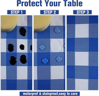Kesfey 3 Packs White and Blue Gingham Table Cloths 54 x 108 Inches Disposable Plastic Checkered Tablecloths Waterproof Rectangle Picnic Party Tablecovers for Birthday Party Dining Table Kitchens