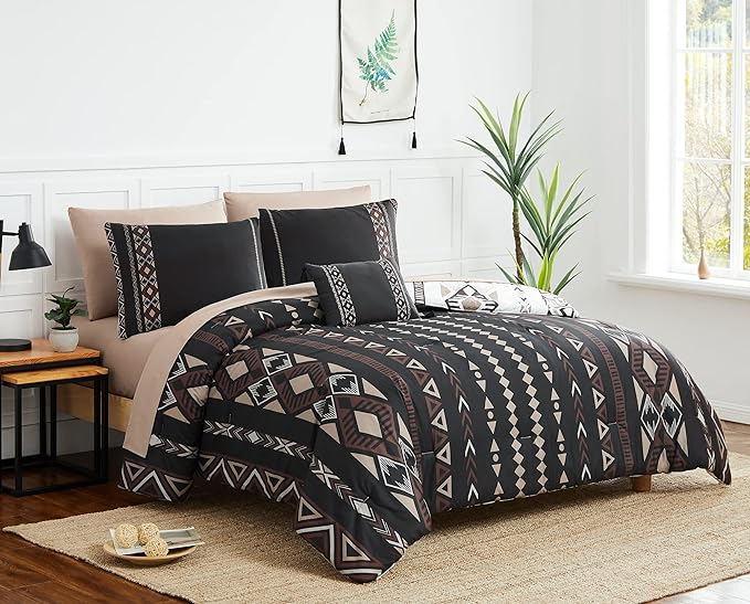 Geniospin King Size Comforter Set, Boho Bed in a Bag 8-Pieces Bedding Set, Reversible Aztec Design, Lightweight, Warm and Breathable (Brown, 102x90 Inches)