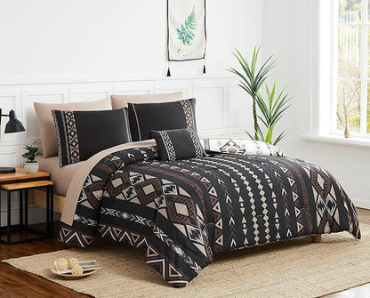 Geniospin King Size Comforter Set, Boho Bed in a Bag 8-Pieces Bedding Set, Reversible Aztec Design, Lightweight, Warm and Breathable (Brown, 102x90 Inches)