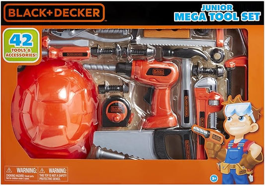 BLACKDECKER Junior Kids Tool Set - Mega Tool Set with 42 Tools  Accessories! Role Play Tools for Toddlers Boys  Girls Ages 3 Years Old and Above, Includes Helmet! (58505)
