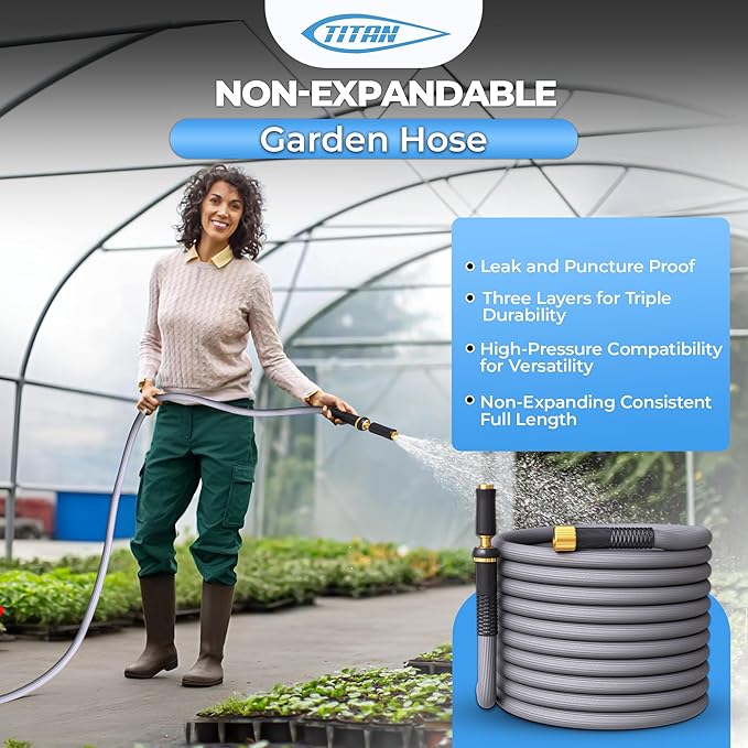 TITAN Garden Hose  Flexible, Lightweight, Kink-Free  Durable Hybrid Water Hose with Heavy Duty Brass Connectors  High-Pressure Jet Nozzle (50FT x 58)