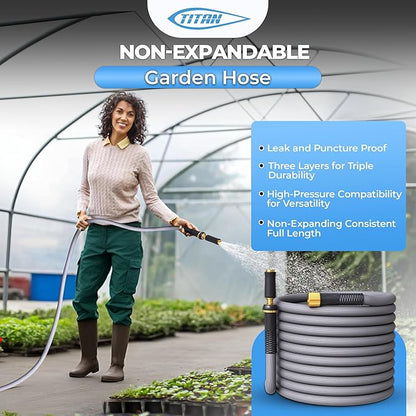 TITAN Garden Hose  Flexible, Lightweight, Kink-Free  Durable Hybrid Water Hose with Heavy Duty Brass Connectors  High-Pressure Jet Nozzle (50FT x 58)