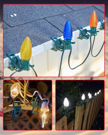 Minetom C7 C9 Christmas Light Clips Outdoor, 50 Count Universal Quick Christmas Light Spring Clips for Outside Roof Gutter Shingle Fence E12 E17 Base