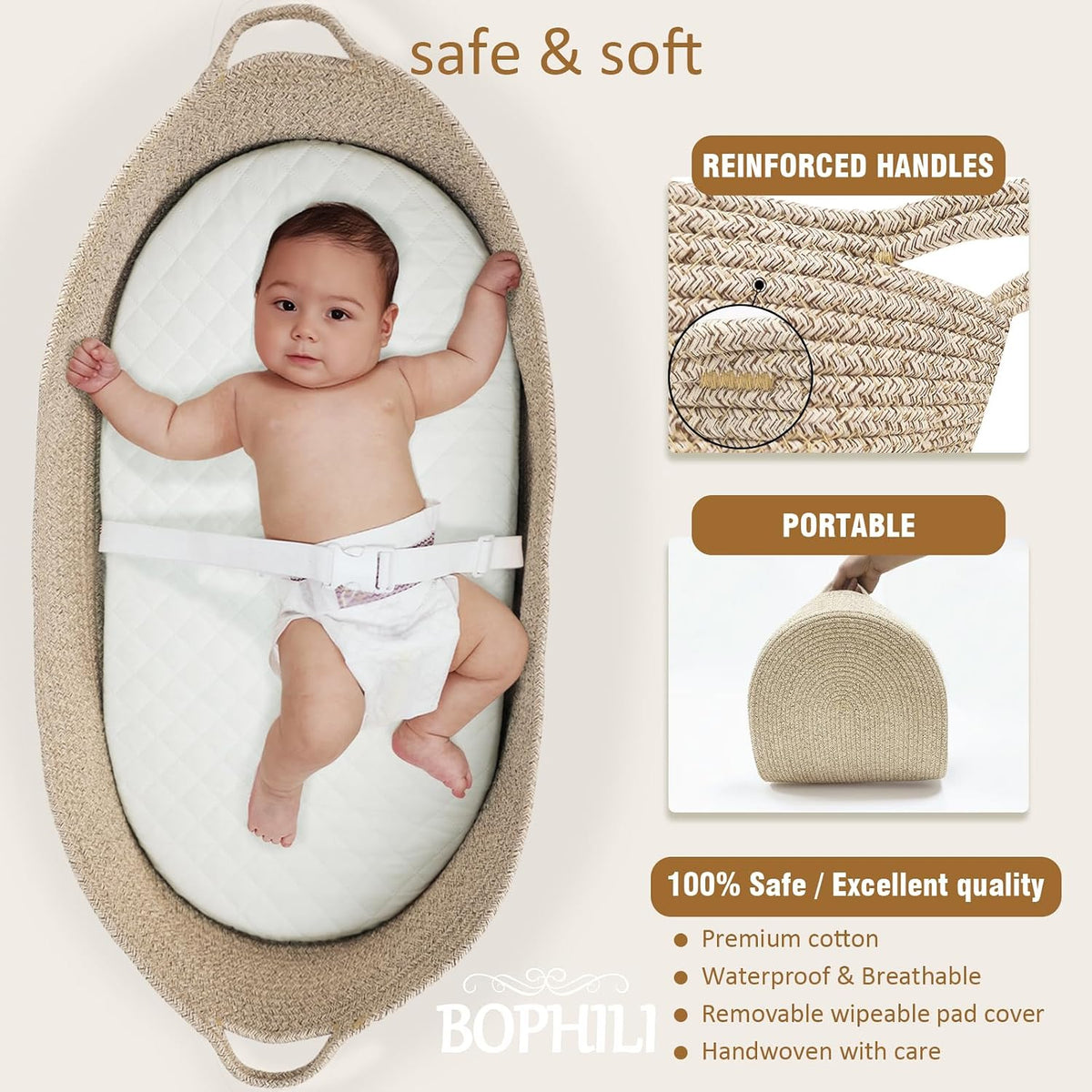 Baby Changing Basket Foldable Baby, Premium Handmade Cotton Rope Reinforced Moses Baskets Changing Table Topper, Built-in Security Strap (Warm Brown) (basket only)