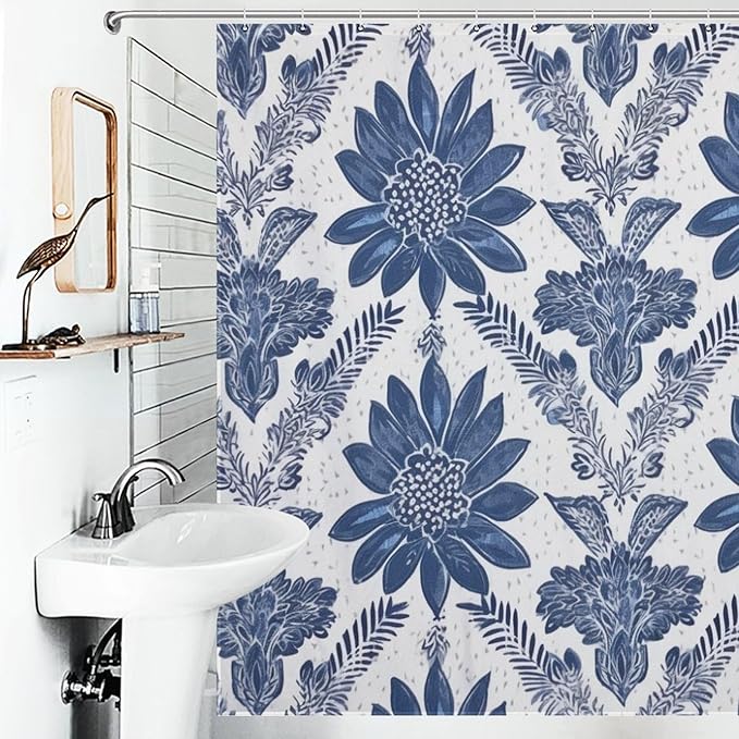 Curtain Shower Indigo Blue Trellis Bathroom Shower Curtain for Bathroom Decor Accessories Chinoiserie Polyester Fabric Curtain Bathroom Decoration 72" x 72" Machine Washable with Hooks