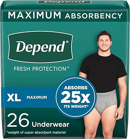 Depend Fresh Protection Adult Incontinence Underwear for Men, Disposable, Maximum, Extra-Large, Grey, 26 Count, Packaging May Vary