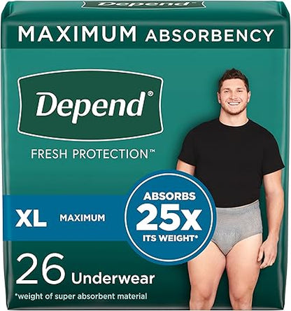 Depend Fresh Protection Adult Incontinence Underwear for Men, Disposable, Maximum, Extra-Large, Grey, 26 Count, Packaging May Vary