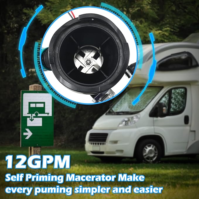 RV Macerator Pump for Sewage, 12V RV Portable Waste Chopper Pump for Camper Trailer Boat, 12GPM Suction 10 Feet Lift, 30s Run Dry Protection